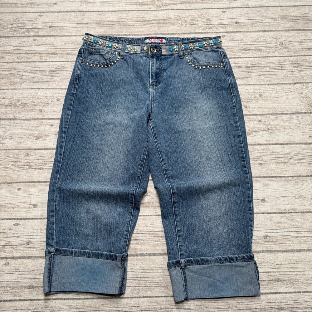 Zwak Jeans Women's 35 Blue Denim Beaded Embellished Cuffed Cropped Capri Relaxed